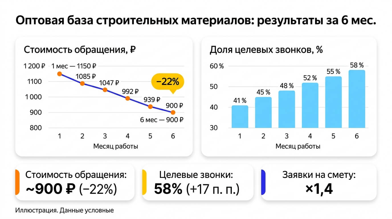 График: стоимость обращения снизилась с 1150 до 900 рублей, доля целевых звонков выросла с 41% до 58% за 6 месяцев. Условные данные