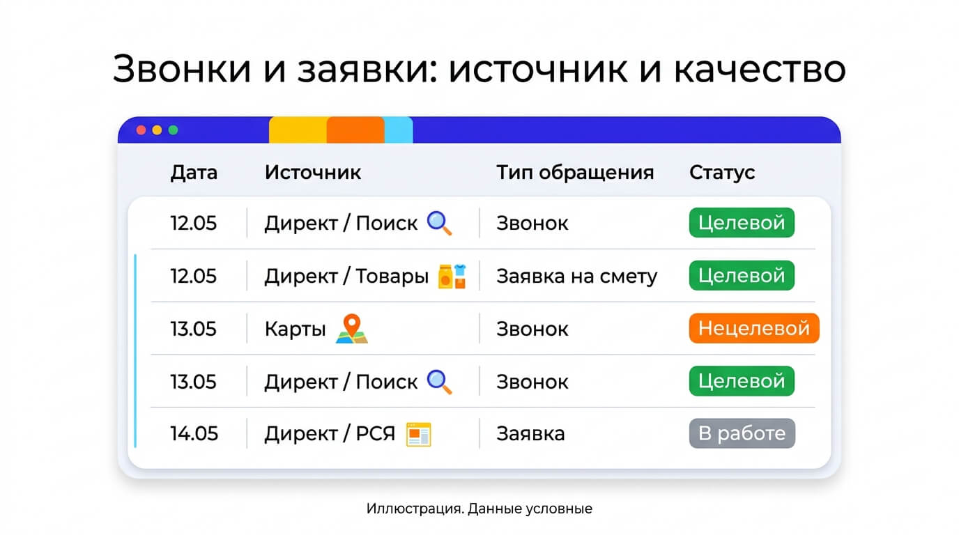 Таблица звонков и заявок по источникам и качеству. Условные данные