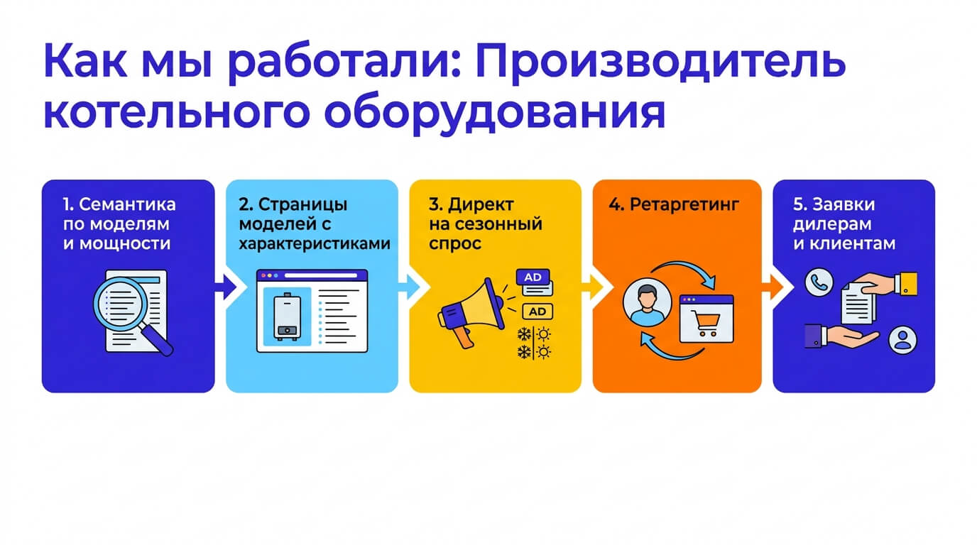 Схема работы: семантика по моделям и мощности, страницы моделей, Директ на сезонный спрос, ретаргетинг, заявки дилерам и клиентам