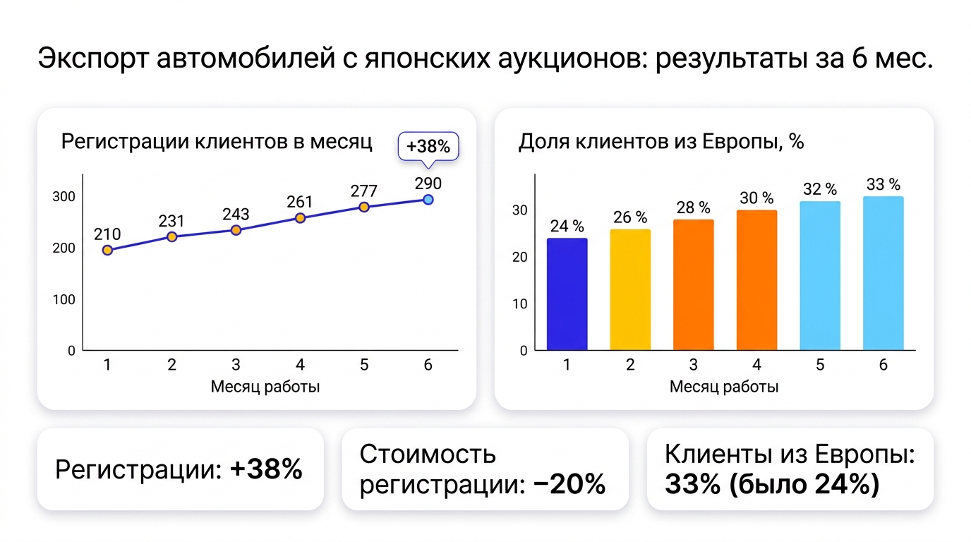 График: регистрации клиентов выросли с 210 до 290 в месяц, доля клиентов из Европы с 24% до 33% за 6 месяцев